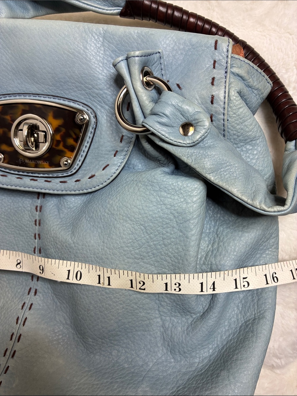 b. makowsky Light Blue Leather Shoulder Tote with Dark Wood-Wrapped Handles - Picture 9 of 9